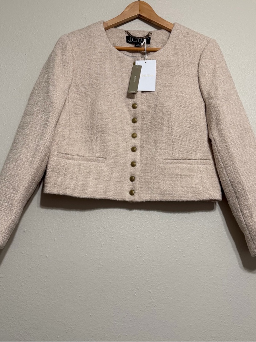 J. Crew Women's Light Cream Bouclé Collarless Button Jacket